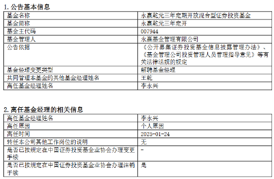 永赢基金副总李永兴离任！卸任7只产品基金经理 任期6年4个月