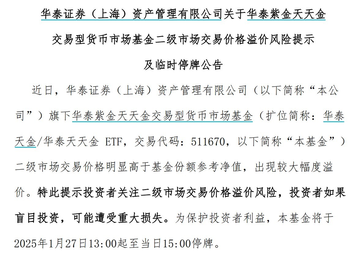 出现较大幅度溢价，9只货币型ETF午后集体停牌